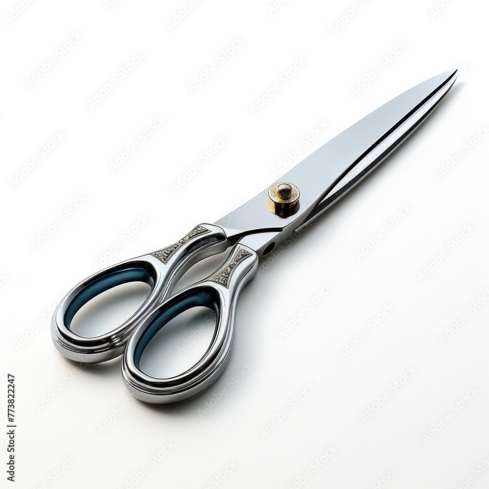 A pair of a silver and gold handled scissors on white surface A pair of a silver and gold handled scissors on white surface