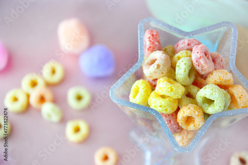Top view of Colorful Fruit Loops Cereal in Star Shape Cup