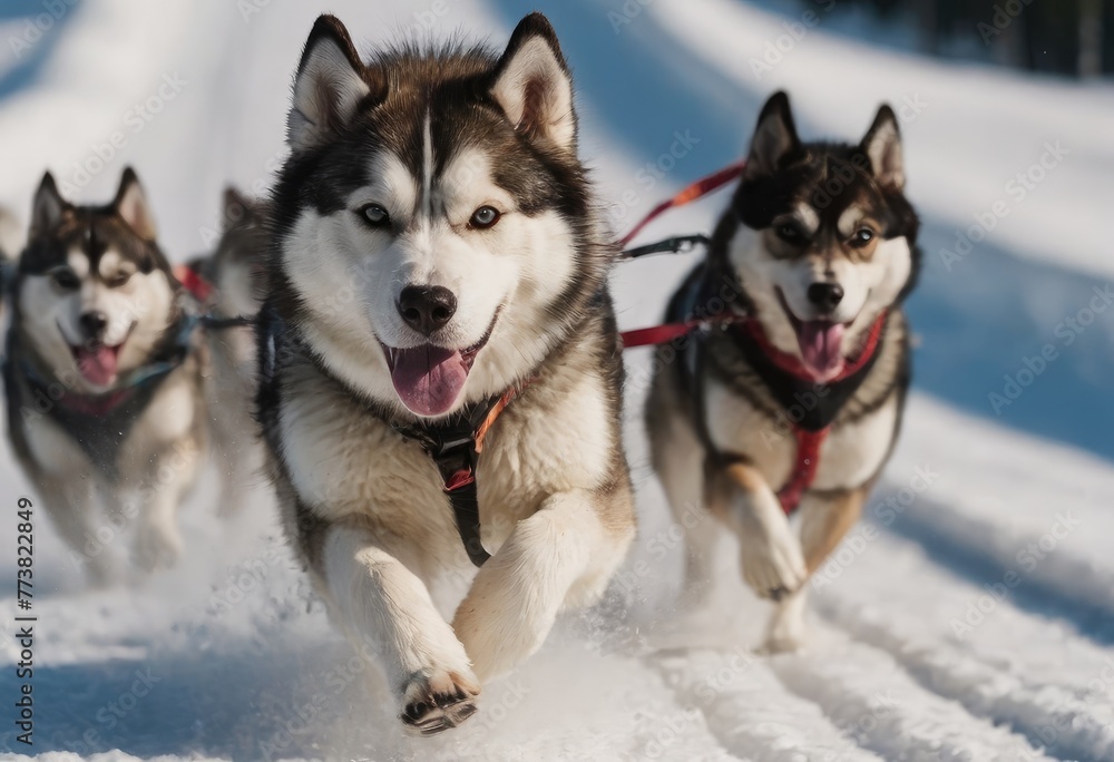 front view at four siberian huskys at race in winter front view at four siberian huskys at race in winter