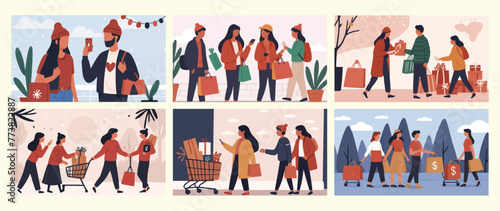 Engaging in E-Commerce. Illustrating the Busy World of Online Shopping. illustration of a set of banners. Flat design Collection. vector illustration.