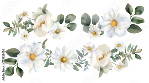 Elegant flowers and green leaves decoration for wedding greeting cards, isolated on transparent background.