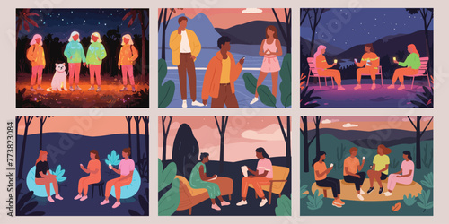illustration of a set of banners. People spending weekend outdoors. Flat design Collection. vector illustration.