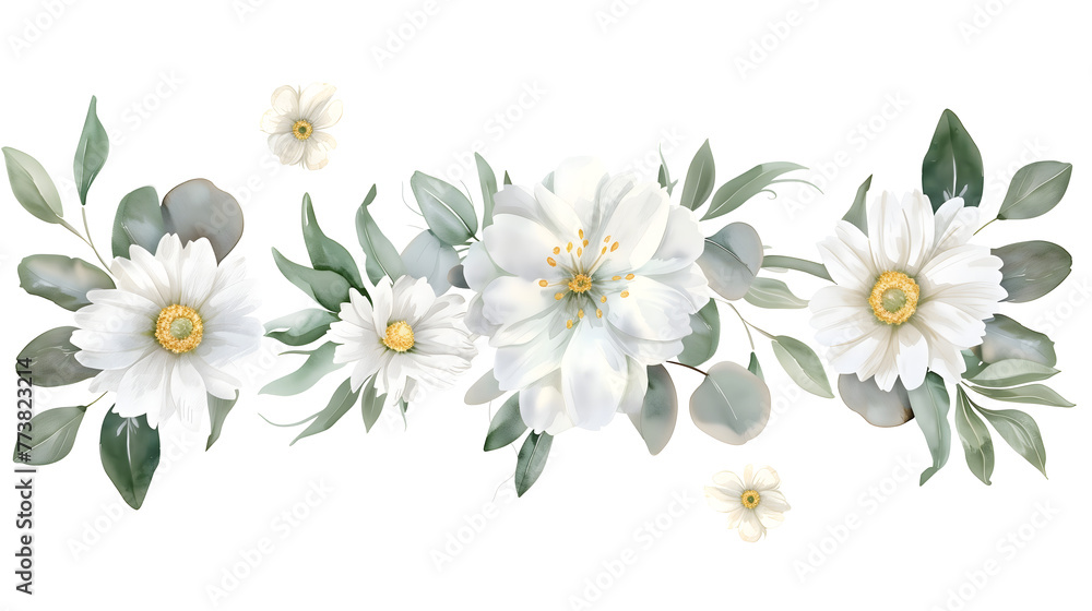 Fototapeta premium Elegant flowers and green leaves decoration for wedding greeting cards, isolated on transparent background.