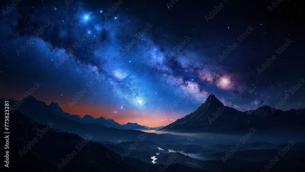 The Galaxies and Lights between the space mountains. Landscapes.