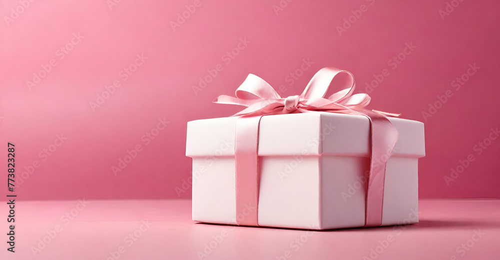 pink gift box with ribbon on pink background