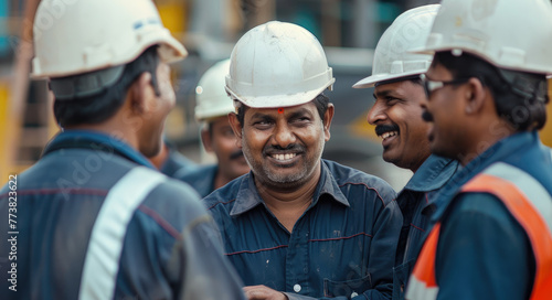 A group of smiling construction workers are in the background, one worker wearing a white helmet and blue shirt is standing out from the other men with grey hard hats