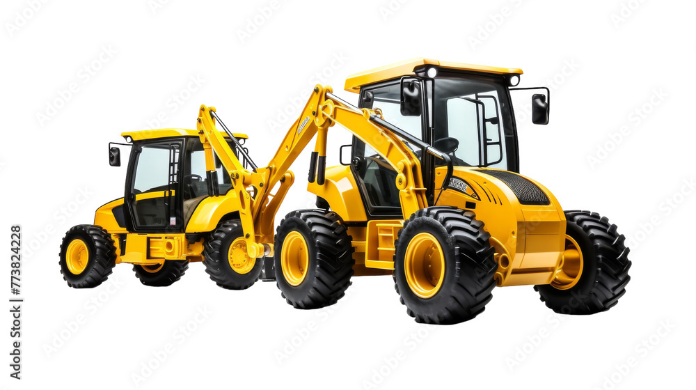 Naklejka premium Two yellow tractors parked side by side in a field under the bright sun