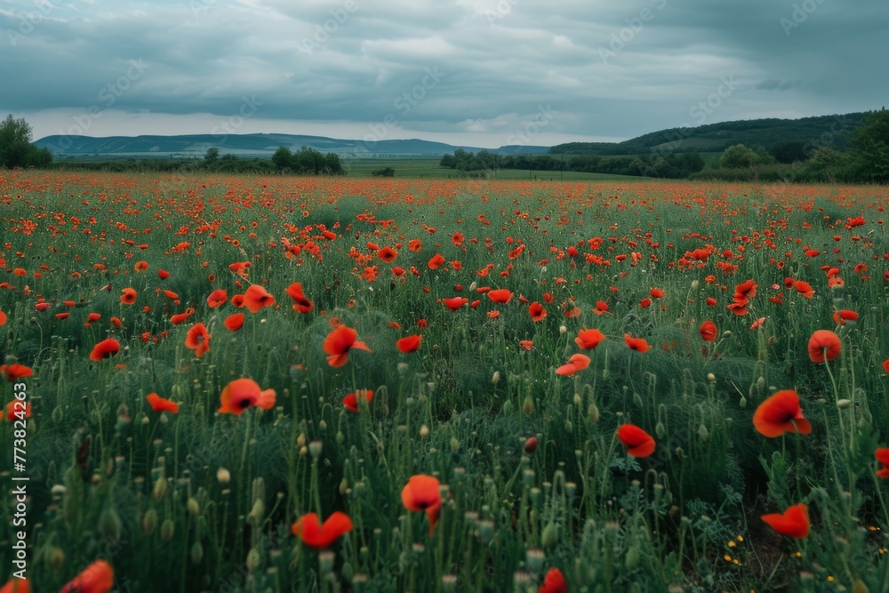 Field of red poppies under a stormy sky Field of red poppies under a stormy sky