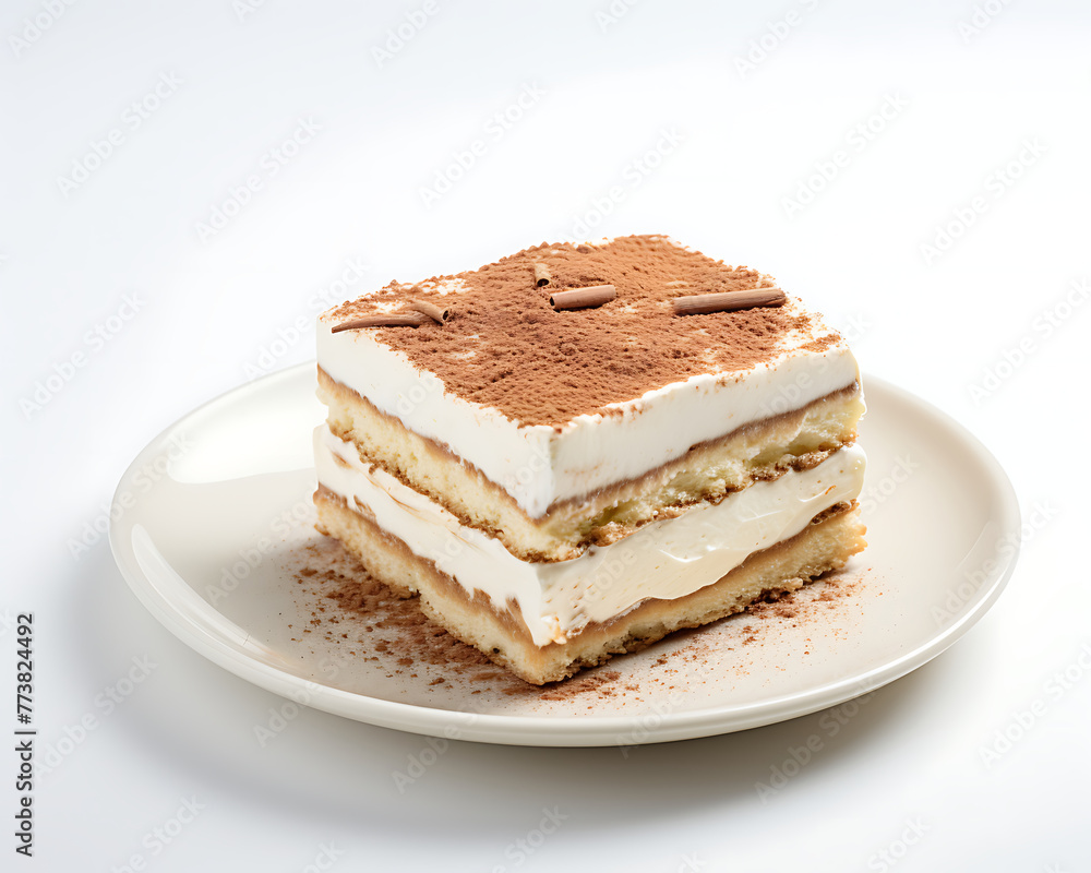 Classic tiramisu on a white plate, garnished with mint and dusted with cocoa powder, drizzled with chocolate. Generative AI Classic tiramisu on a white plate, garnished with mint and dusted with cocoa powder, drizzled with chocolate. Generative AI