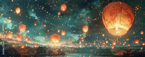 Lantern festival in China: colorful lanterns light up the night sky as people gather to celebrate. Art illustration.