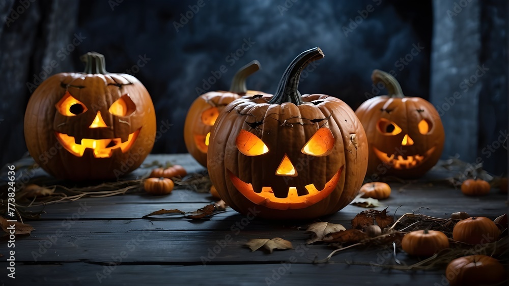 An image of the eyes of Jack O' Lanterns on Halloween Trick or tending to a scary ghost An image of the eyes of Jack O' Lanterns on Halloween Trick or tending to a scary ghost