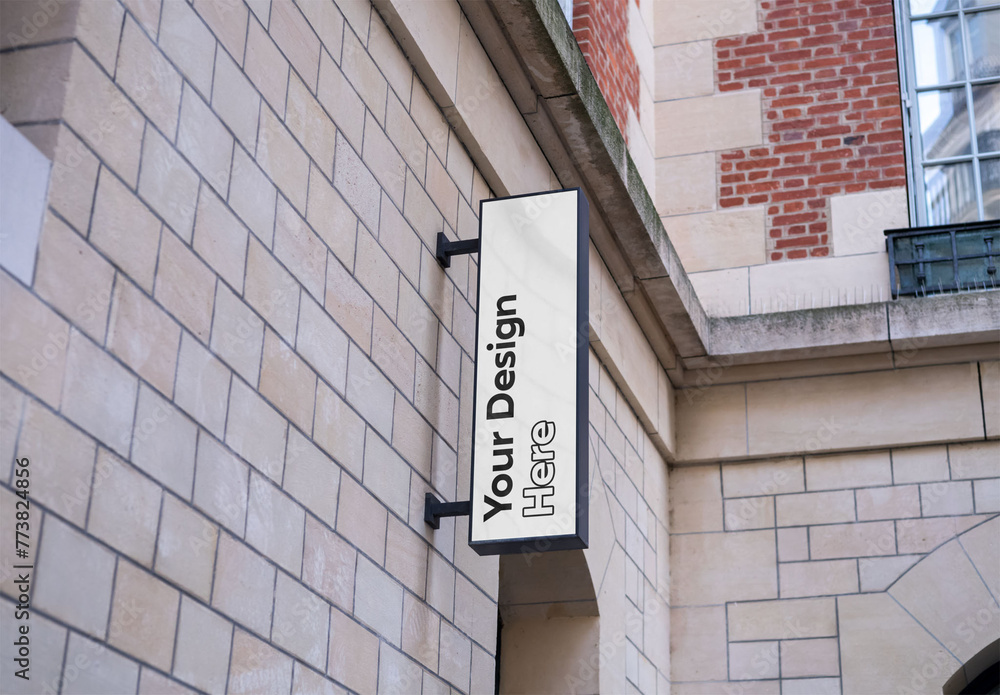 Mockup of customizable sign on building Stock Template | Adobe Stock