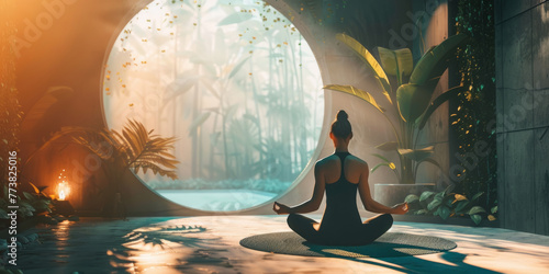 Person meditating in a cozy room with plants and warm light