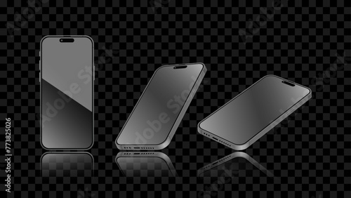 Black Smartphone and mobile display light banner. Smartphone screen with front, perspective side view template with shadow on a dark background. Vector abstract for banners.