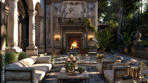 A luxurious outdoor living space boasting a grand fireplace and opulent furniture, creating an atmosphere of refined comfort. 8K.