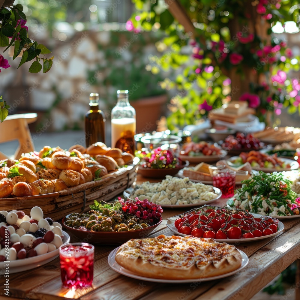 Table topped with plates greek traditional easter of natural foods and bottles of wine, set by a window