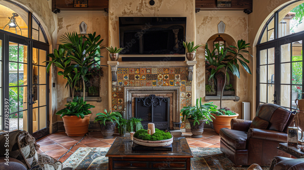 A Mediterranean-inspired TV lounge with a 50-inch LED TV mounted above a tiled fireplace, surrounded by wrought iron accents, terracotta pottery, and lush greenery, 