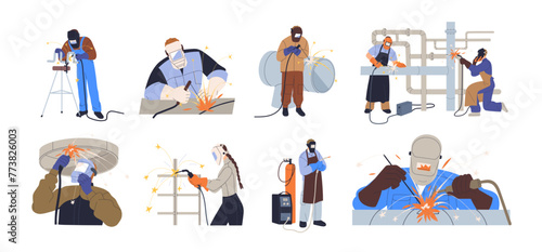 Welders welding metal pipes, steel pipelines. Industrial workers in masks work with iron. Fixing, building, repairing, metalworking set. Flat graphic vector illustrations isolated on white background
