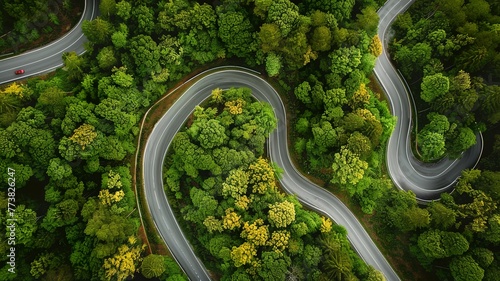 winding mountain roads in the middle of the forest, which makes the journey exciting, generated by AI © Sndor