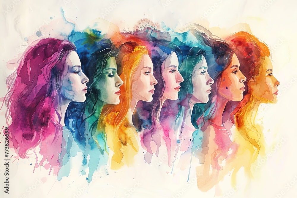 Colorful illustration of a group of women. International Women's Day concept in watercolor style, Generative AI