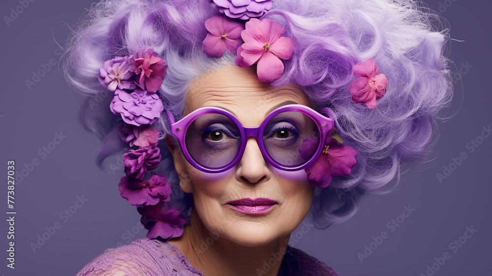 An elderly woman with glasses portrait in lavender purple tones, flowers makeup and spring mood at grandma's