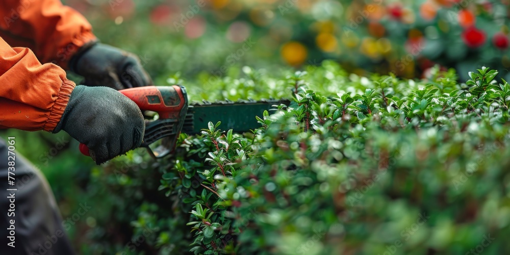 Obraz premium Close up of man hand with hedge trimmer cutting bushes.