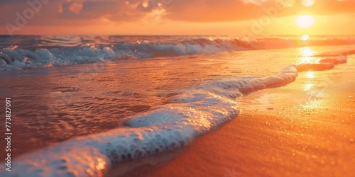 Closeup sea sand beach. Panoramic beach landscape. Inspire tropical beach seascape horizon. Orange and golden sunset sky calmness tranquil relaxing sunlight summer mood.