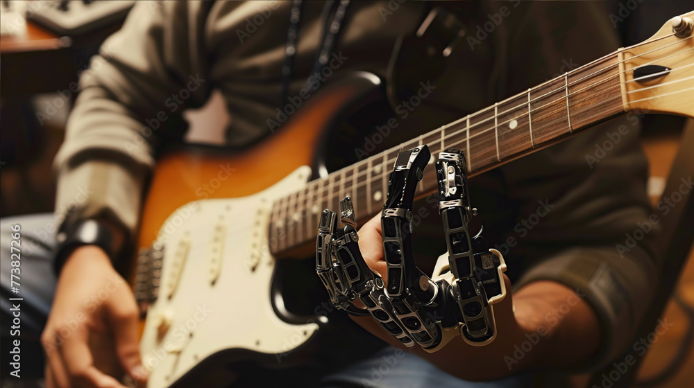 Fototapeta premium .A man with a bionic prosthetic arm plays an acoustic guitar