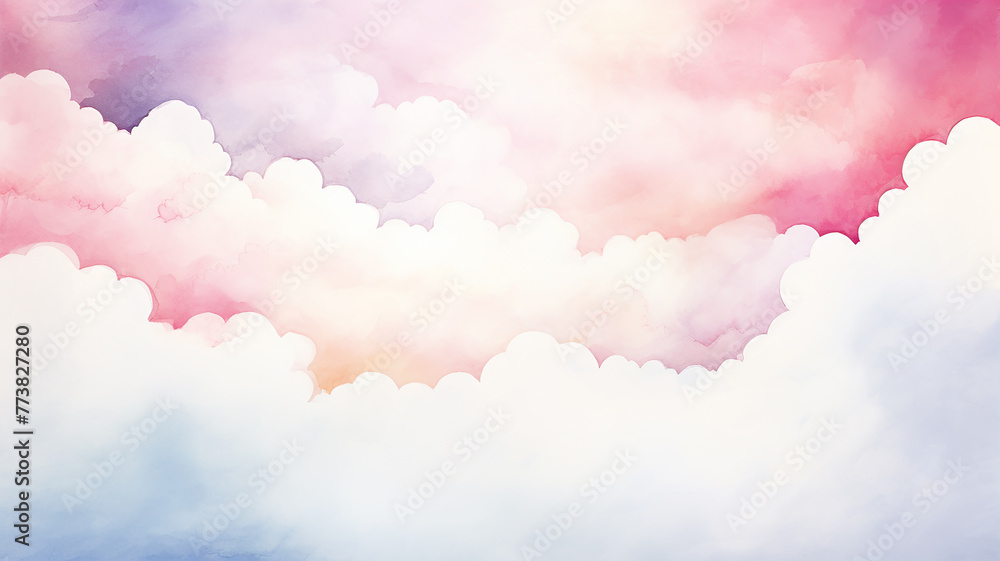 Fototapeta premium Pink cloudy landscape, watercolor postcard background