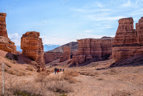 The huge Charyn Canyon in the desert of Kazakhstan. Panoramic view of a large canyon in the desert with mountains and snowy peaks on the horizon. Guys walking in the desert
