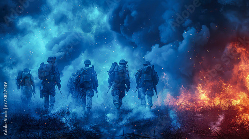Silhouette of a group of soldiers on a background of red and blue smoke