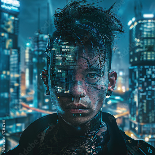 .a young man in the cyberpunk style with prosthetics of individual parts of his face stands on the street of the night city. A shoulder-length portrait photo