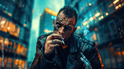 a young man in the cyberpunk style with prosthetics of individual parts of his face smokes a cigarette on the street of a night city. photo