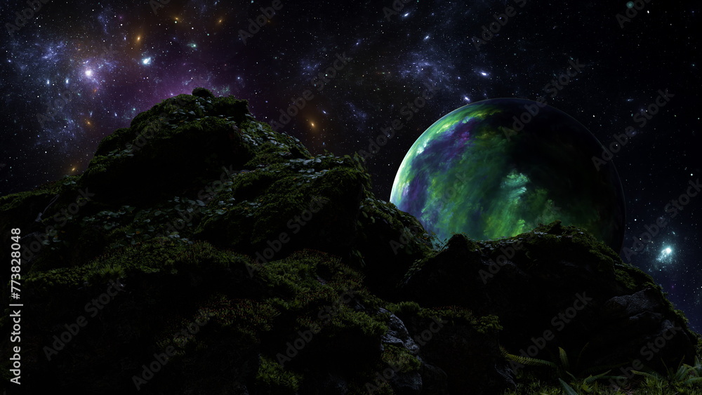 Verdant alien hill under a star-filled sky with a colossal, glowing planet rising behind. 3d render