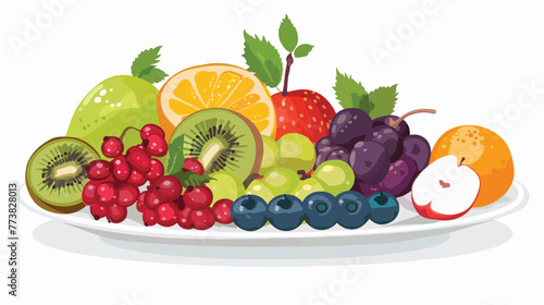 Various fruits on a plate. Vector illustration on white