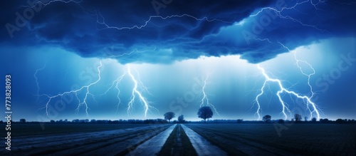 The dramatic scene of a powerful lightning storm illuminating the sky over an open field dominated by a solitary tree