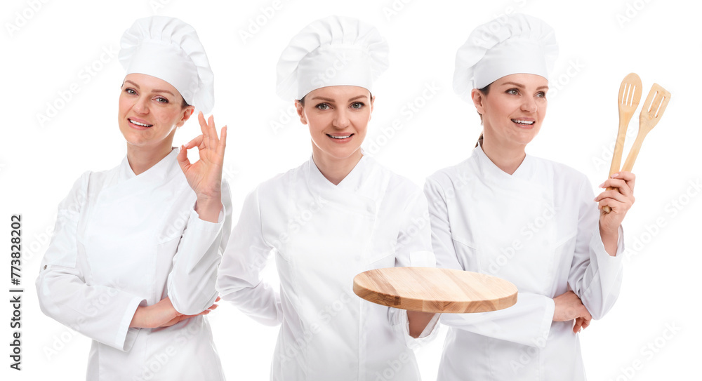 Chef in uniform on white background, set with photos Chef in uniform on white background, set with photos