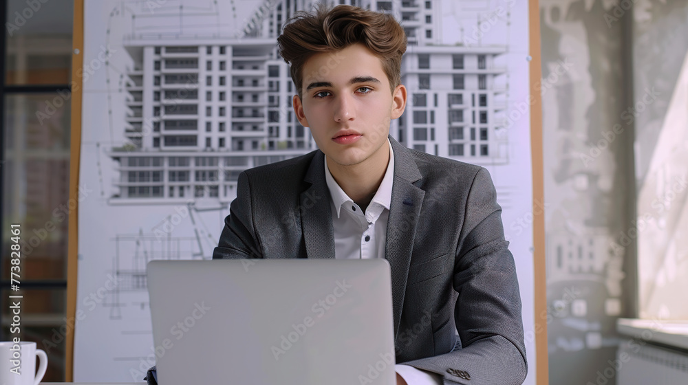 .a young man in business clothes is sitting at a laptop. behind him, on paper, is a drawing of a multi-storey building .a young man in business clothes is sitting at a laptop. behind him, on paper, is a drawing of a multi-storey building