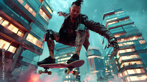 a man with bionic prostheses and dressed in cyberpunk style jumps on a skateboard in the city at night photo