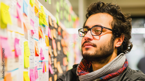 Man with glasses contemplating a colorful wall of sticky notes. Brainstorming, planning, or organizing thoughts in a creative workspace.