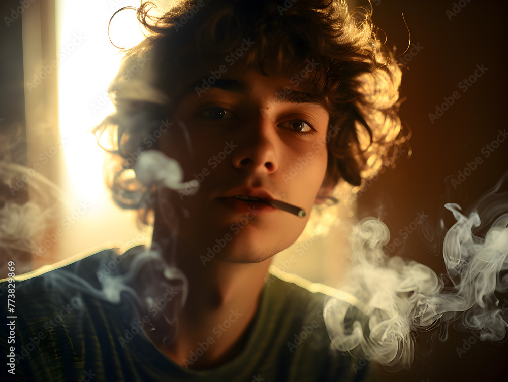 Close up portrait of a young man smoking cannabis joint 