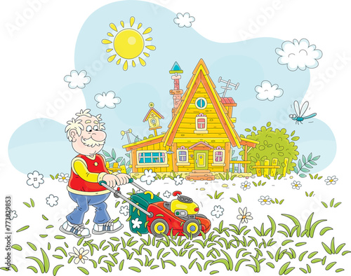 Funny elderly cottager lawnmower with a grass-cutter tending his green lawn in front of a pretty small wooden house in countryside on sunny summer day on vacation, vector cartoon illustration