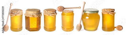 Natural honey in glass jars and dippers isolated on white, set