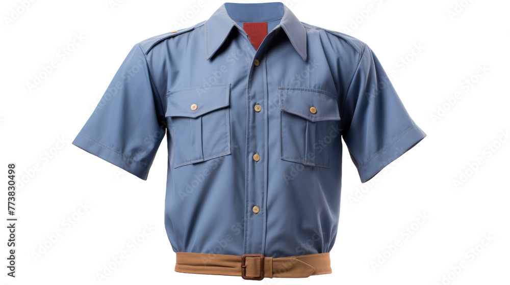 A stylish blue shirt is paired with a contrasting brown belt around the waist A stylish blue shirt is paired with a contrasting brown belt around the waist