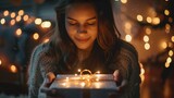 Pretty brunette woman opens an adorable present with lights
