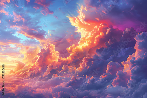 A dramatic and vibrant sky with clouds, creating a colorful and majestic natural landscape. photo