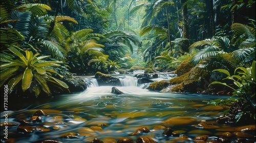 The river flowing across dense green tropical forest. Generative AI.