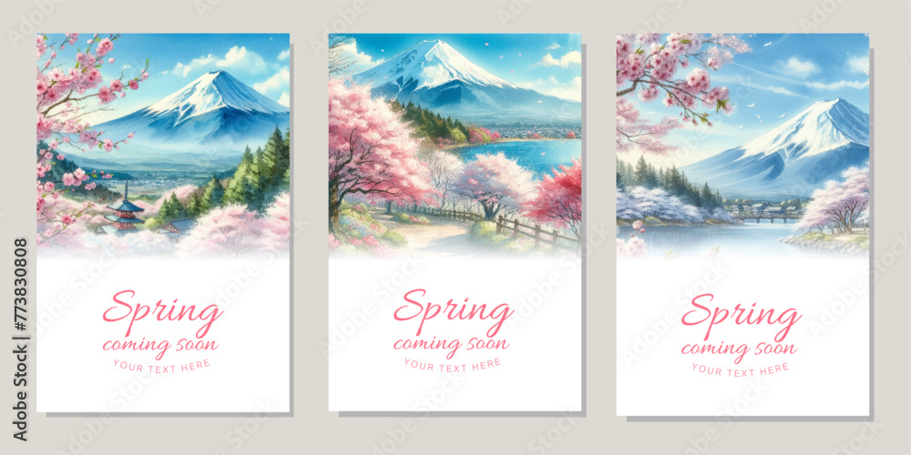 Watercolor illustration background of Mount Fuji and cherry blossoms in full bloom