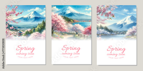 Watercolor illustration background of Mount Fuji and cherry blossoms in full bloom © Lapis