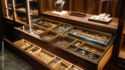 A sophisticated wardrobe with glass-fronted drawers, showcasing organized compartments for jewelry and accessories. 8K
